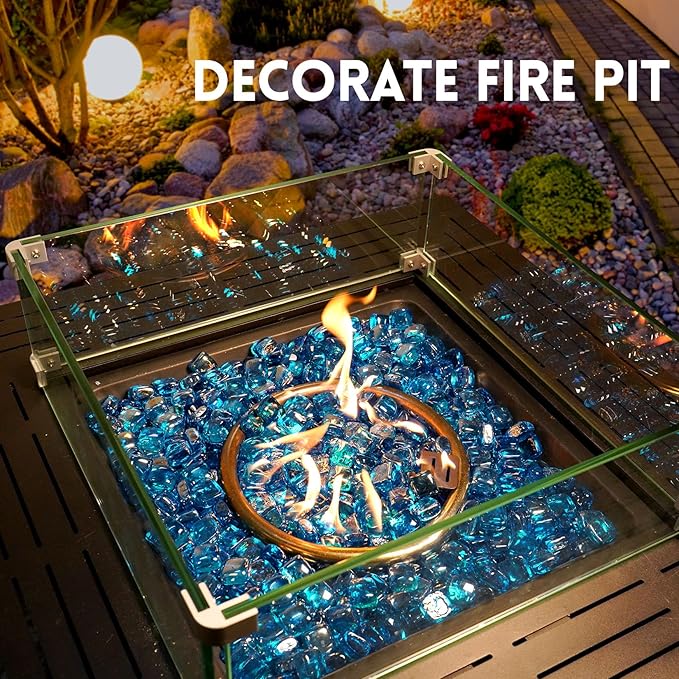 GasSaf Caribbean Blue Fire Glass Cubes for Outdoor Fire Pit, Fireplace, Replaces Existing Gas Logs & Lava Rocks, 1 Inch Glass(10 Pound)(Caribbean Blue Luster)