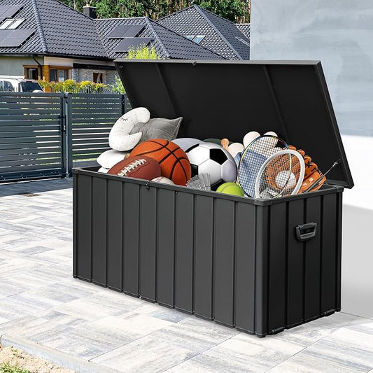 Outdoor Storage Box 100 Gallon, Waterproof Steel Deck Box, Large Patio Furniture Storage Cabinet, Lockable Storage Bench for Porch Package Delivery, Cushions, Pool, Tools- Dark Grey
