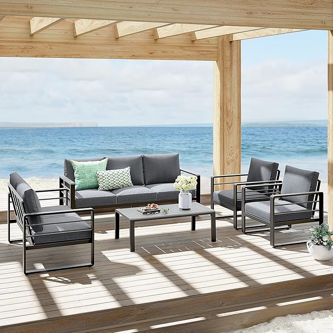 Patiorama Aluminum Patio Furniture Set, 2 PCS Outdoor Armchairs Single Sofa Couch, All Weather Dark Grey Metal Chair with Olefin Cushion, Deep Seating, 300 lbs Capacity, Deck, Garden-Grey Cushion