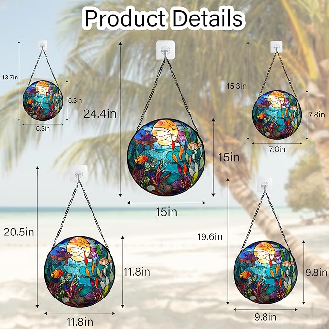 AMDERVEN Stained Glass Window Hanging - Blue Ocean World Small Fish Coral Sun Catcher for Door Garden Home Decor Sea Suncatcher Christmas Mother's Day Birthday Gifts for Women Men Mom Nana 9.8 in