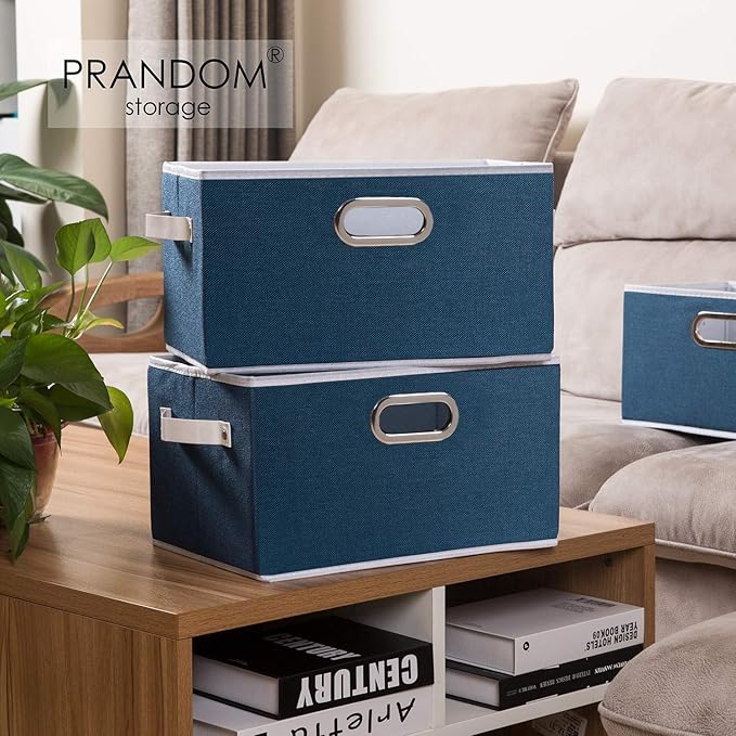 PRANDOM Fodable Storage Bins for Closet [3-pack] Decorative Fabric Storage Baskets Cubes with Leather/Metal Handles for Shelves Bedroom Living Room Royal Blue (11.5x8.5x6.7 Inch)