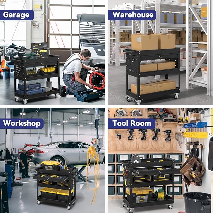3 Tier Rolling Tool Cart with Drawer, 450 LBS Heavy Duty Utility Cart on Wheels, Service Cart for Garage, Workshop and Warehouse (Black)