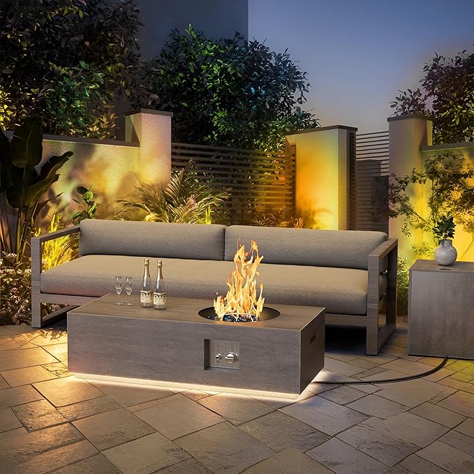 48 inch Propane Fire Pit Table LED, 2 in 1 Rectangular Outdoor Fire Pit with 20lb Tank Cover, Outside Patio Deck and Garden, Gas Fireplace Table with Lid and Stone, 50,000 BTU Adjustable Flame