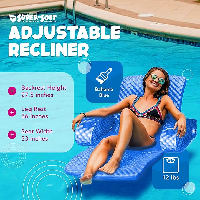 TRC Recreation Super Soft Portable Floating Swimming Pool Water Lounger Comfortable Adjustable Recliner Chair with 2 Armrest Cup Holders…