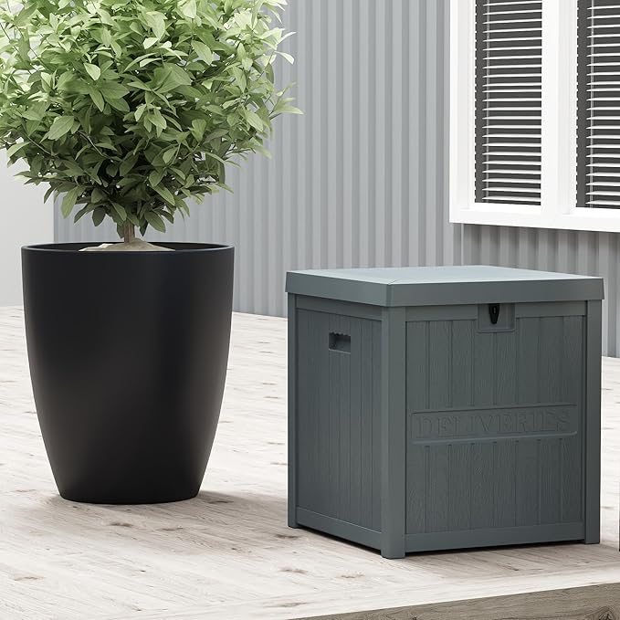 51 Gallon Resin Package Delivery Box for Outside, Lockable Secure Bin for Front Porch, Large Deck Boxes Outdoor Waterproof, Driver Snack Box, Grey