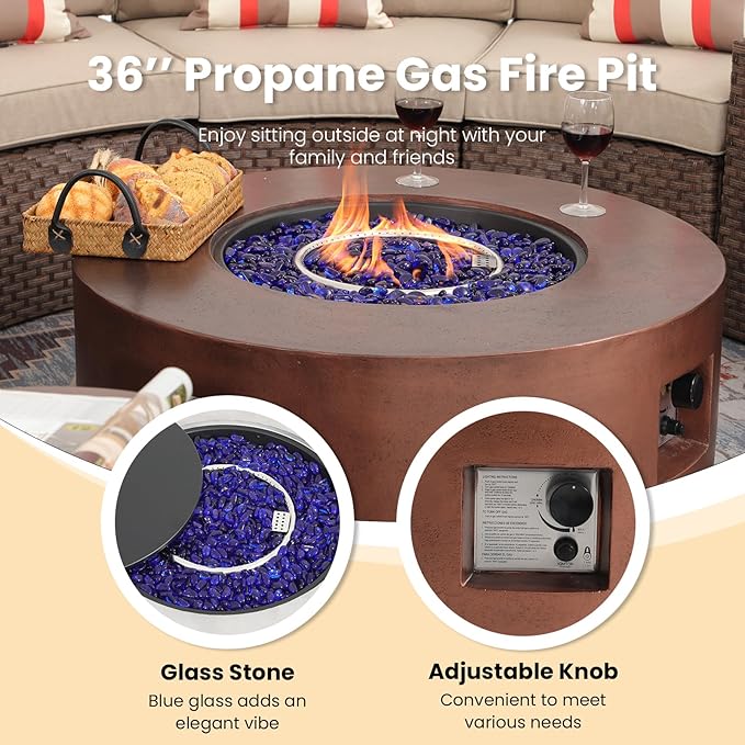SUNSITT Outdoor 36’’ Propane Fire Pit Table 50,000 BTU Round Patio Propane Firepit Table, Pit Cover, Metal Lid & Fire Glass, Bronze Finish