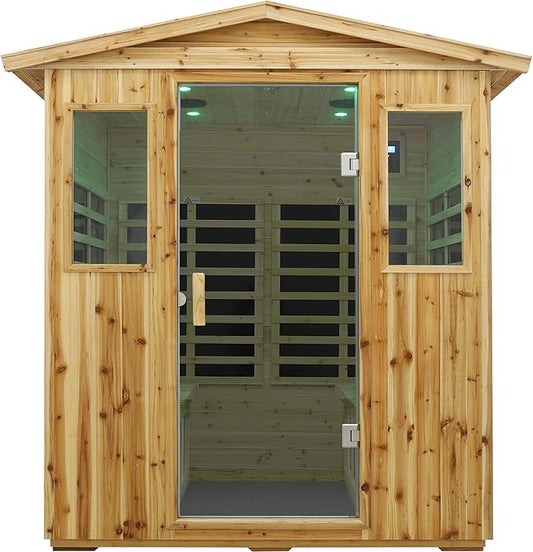 LTCCDSS Low EMF Outdoor Far Infrared Sauna 4-Person, Hemlock Wood Sauna for Home- Bluetooth Speakers, LED Reading Lamps, Chromotherapy Lights,