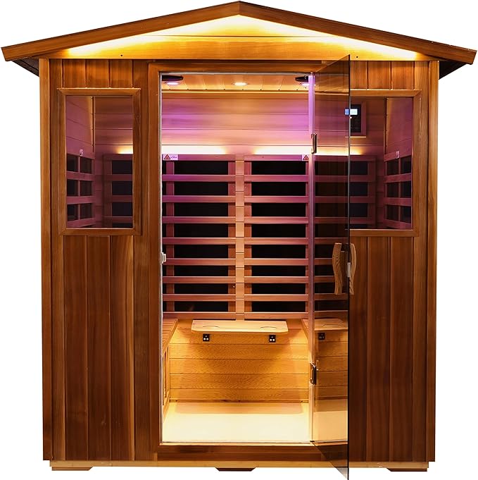 LTCCDSS Ultra-Low EMF Red Cedar Sauna 4 Person, Outdoor Far Infrared Sauna for Home, EMF 0.1-1mG, Bluetooth & Chromotherapy, Speakers (68.1 * 52.4 * 82.7 inch)