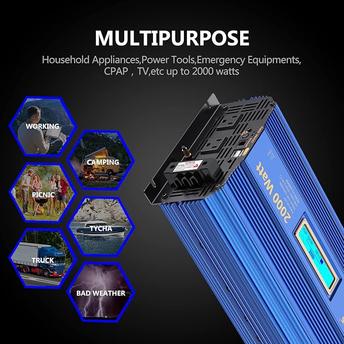 VOLTWORKS 24 Volt 2000W Pure Sine Wave Power Inverter 24V DC to 110V 120V AC and Hardwire Block with LCD Display Remote Controller Compatible with Lithium Battery for Off-Grid Solar RV Car Truck Boat