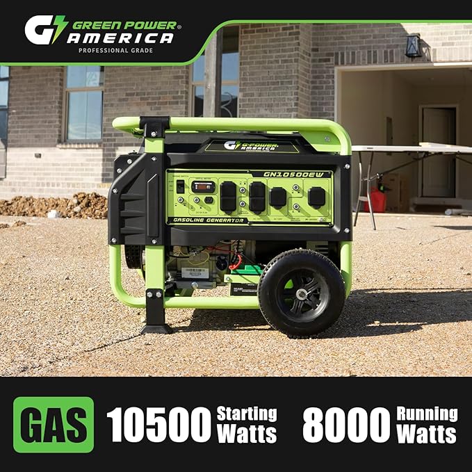 Green-Power America Portable Generator 10500 Watt,Gasoline Powered,Recoil/Electric Start, 12V-8.3A Charging Outlets, Home Back Up & RV Ready