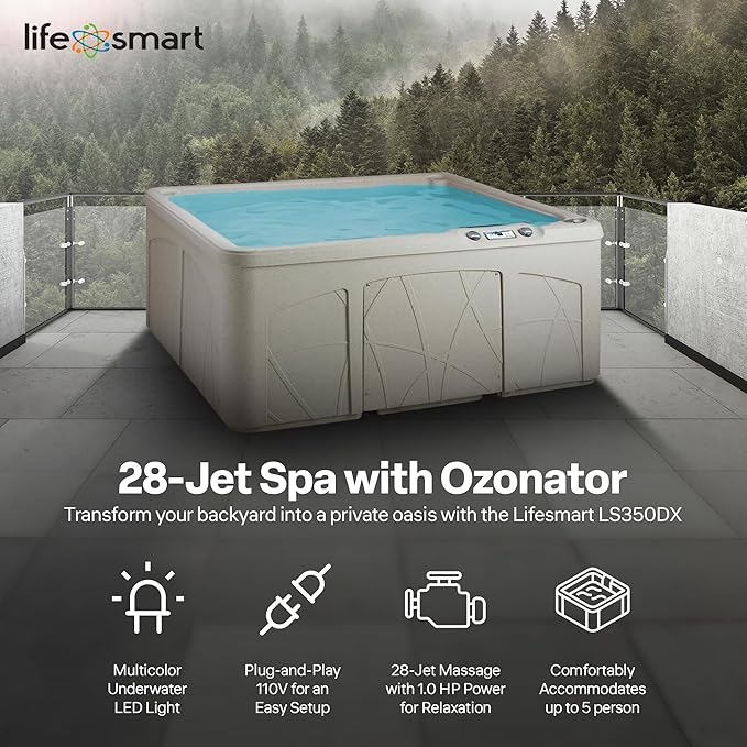 LifeSmart 5-Person Hot Tub – Outdoor Spa with 28 Jets, LED Lights, Waterfall, Ozonator & Cover – Sand-Colored Above-Ground Spa for Home Use