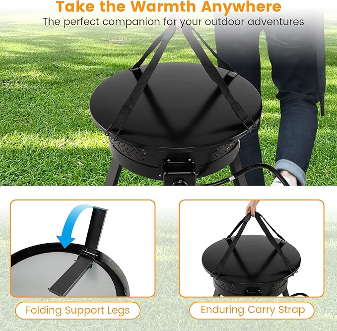 Tangkula Portable Propane Fire Pit, 24.5 Inch 58,000 BTU Smokeless Fire Bowl with Carry Strap, Lid & Folding Legs, Tank Base Holder, Outdoor Gas Fire Pit for Camping Patio Backyard