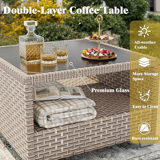 14 Pieces Patio Furniture Set, Outdoor Sectional Wicker Sofa with Thick Cushions and Storage Coffee Table, Rattan Patio Conversation Sets for Deck Yard Poolside, Khaki