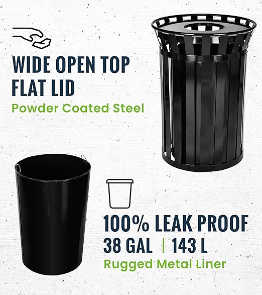Alpine Industries 38 Gallon Commercial Outdoor Metal Trash Can, Open Top with Lid & Liner (Black)