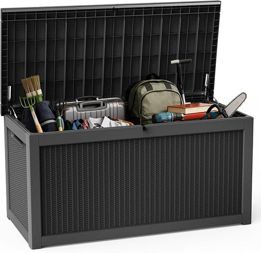DRATO 320 Gallon Deck Box, Outdoor Large Waterproof Resin Storage Box with Lockable Lid for Patio Cushions, Gardening Tools, Black