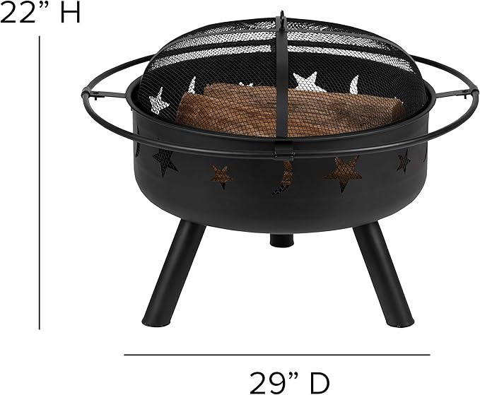 EMMA + OLIVER Campfire Set - Two Red Poly Resin Adirondack Chairs - 29" Star and Moon Fire Pit with Mesh Cover - Weather Resistant - Wood Burning Fire Pit