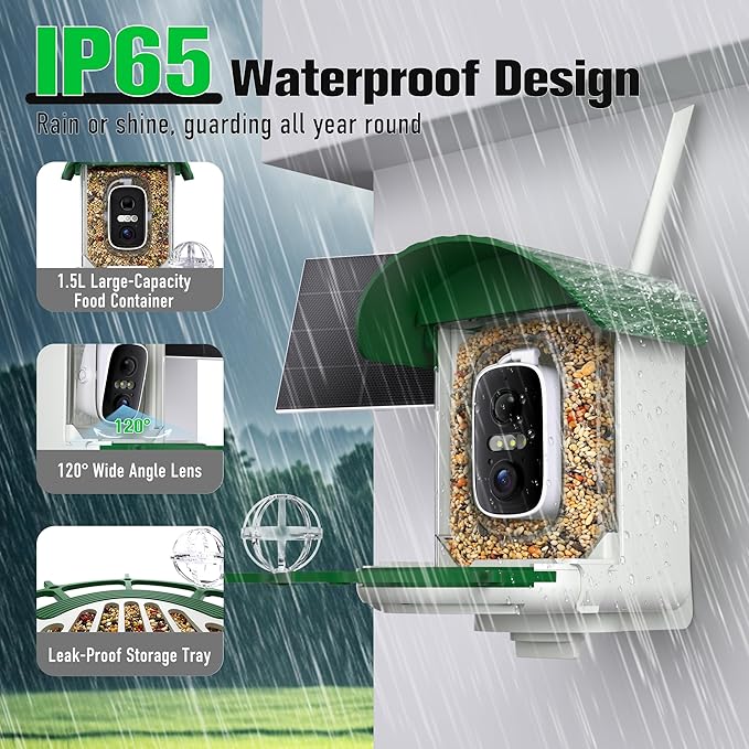 Voxblend Bird Feeder with Camera 3W Solar Powered Panel: Smart Bird Feeder for Outdoors with AI Birds Identify Auto Capture, 2K Live Video, Instant Arrival Alert, Ideal Gift for BirdLovers(Green)