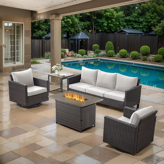 5 Piece Wicker Patio Furniture with Fire Pit Table - Outdoor Conversation Set with 50,000 BTU Fire Pit, All Weather Rattan Patio Set for Deck Backyard Garden - Brown Wicker Beige Cushion