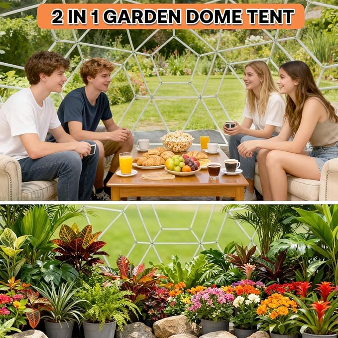 Garden Dome Tent 9.5*5.7FT, 360° View Geodesic Dome Greenhouse with PVC Clear Cover, Waterproof Garden Bubble Dome Tent House with 2 x 10M Light Strings for Outdoor, White
