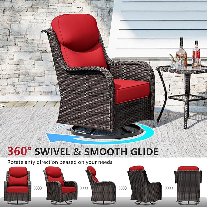 Patio Swivel Chairs Set of 2 and Side Table, Outdoor Swivel Rocker Patio Chairs with High Back and Thick Cushions, Wicker Patio Furniture Set for Porch, Deck Use (Red, 3 PCS)