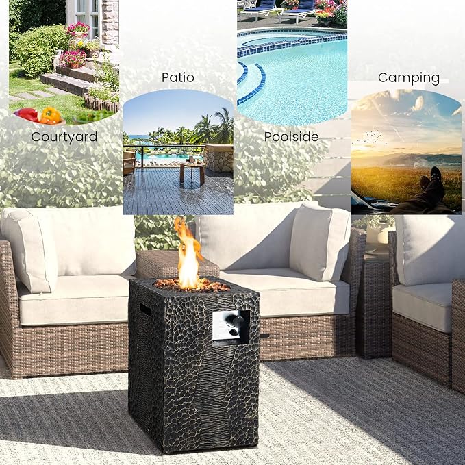 Tangkula 16 Inch Patio Propane Fire Pit, Patiojoy Electronic Ignition Square Gas Fireplaces with Protective Cover, 30,000 BTU Outdoor Fire Pit with Lava Rocks, Touch-up Pen for Backyard, Patio (Black)
