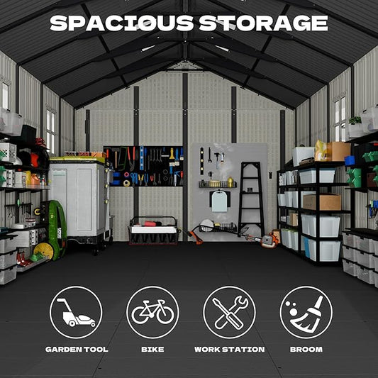 Devoko 10 x 16 FT Resin Outdoor Storage Shed, Extra Large Plastic Shed with Skylight, Floor and Lockable Door, Storage Bike, Tools, Lawn Mower for Garden, Backyard, Patio, Beige