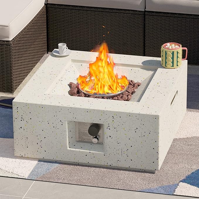 SUNBURY 28 Inch Outdoor Propane Fire Pit Table, 40,000 BTU Spotted White Patio Gas Fire Table w Lava Rocks, Waterproof Cover (Square)