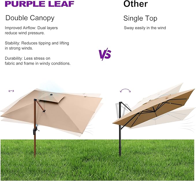 PURPLE LEAF 9ft Patio Umbrella Outdoor Square Umbrellas Large Cantilever Umbrella Windproof Offset Heavy Duty Sun Umbrellas for Garden Deck Pool Patio, Beige