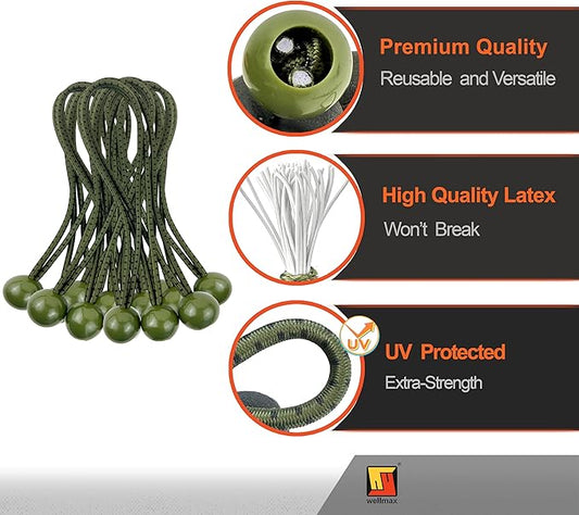 6 inch 100 Piece Heavy Duty 5mm Ball Bungee Canopy Cord by Wellmax, Green Camo Color