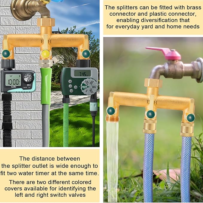 EBH Brass Garden Hose Splitter, 3 Way Outdoor Faucet Splitter, 3 Long Metal Handle and Individual On/Off Valve, GHT 3/4-Inch Heavy Duty Hex Female Inlet and 3/4-Inch Male Outlet