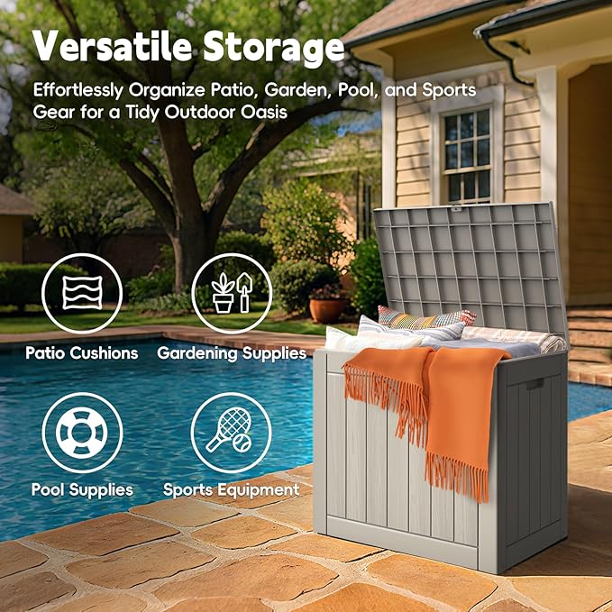 Outdoor Storage Box, 31 Gallon Waterproof Resin Deck Box, Storage Bin for Package Delivery, Patio Furniture Cushion, Garden Tools, Pool Accessories, Weatherproof and UV Resistant, Grey