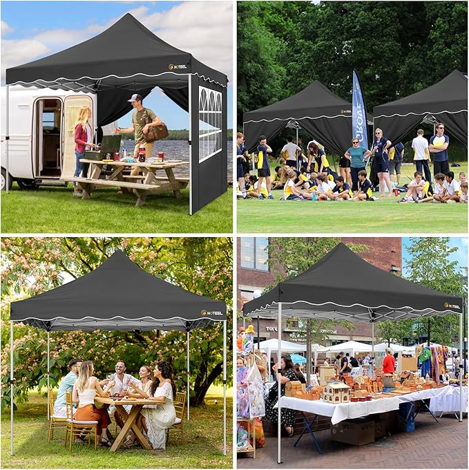 HOTEEL Canopy Tent 10x10 Pop Up Canopy with 4 Removable Sidewalls, Sandbags, Stakes & Ropes, UPF 50+ Easy Setup Event Shelter Waterproof Outdoor Instant Portable Gazebo for Party, Vendor, Black