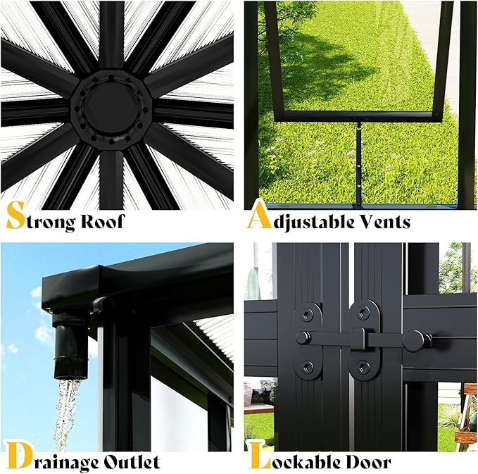 AMERLIFE 12×10×8 ft Hexagonal Outdoor Greenhouse, Aluminum Frame with Quick‑Connectors, 2 Swing Doors, 2 Vents – Walk‑in Garden Structure