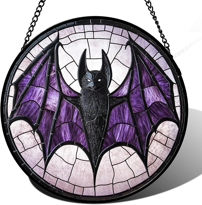 CRISGIF Stained Glass Window Hanging - Halloween Black Bat Purple Wings Monster Suncatcher for Doors Garden Home Spooky Sun Catchers Gothic Decor Horror Gift for Women Men Friend Boy Girl 15 in