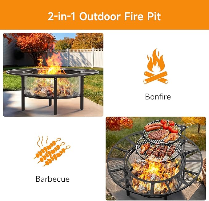 ONBRILL 2-in-1 47 Inch Fire Pit with 2 Swivel Cooking Grills, Outdoor Wood Burning Firepit with Poker for BBQ, Bonfire, Picnic, Party, Round Metal Fire Pit for Outside, Backyard, Patio