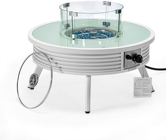 LeisureMod Walbrooke Modern Outdoor Round Fire Pit Table with Powder-Coated Aluminum Frame and Slats Design for Patio and Backyard Garden, White