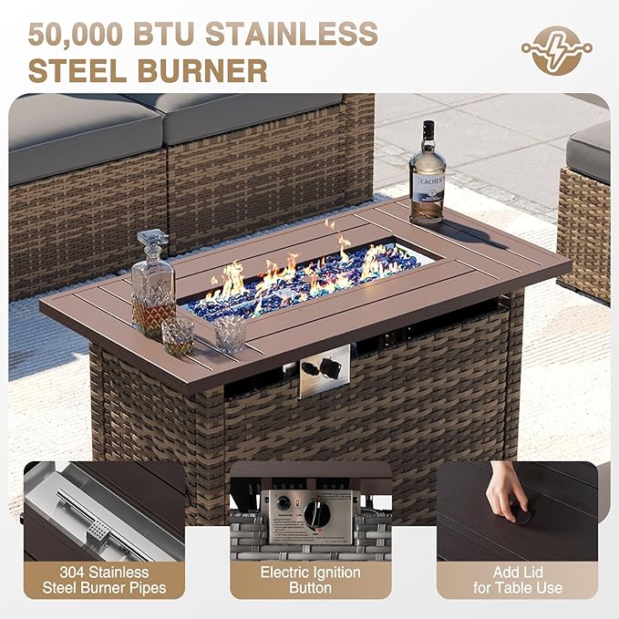 Aoxun Patio Furniture Sets, 12-Piece Outdoor Patio Furniture with 44'' Propane Gas Firepit Table, Wicker Outdoor Conversation Set Sectional Sofa for Backyard, Poolside, Garden