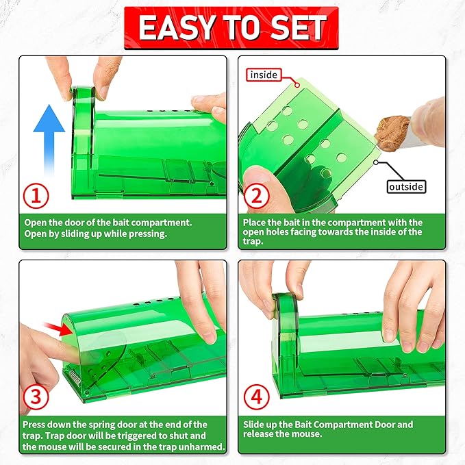 LULUCATCH Humane Mouse Traps 2 Pack, Live Mouse Traps, Reusable with Cleaning Brush, No Kill Catch and Release Indoor Outdoor Rat Cage, Pet Safe Pest Control for Mole, Chipmunk & Squirrel