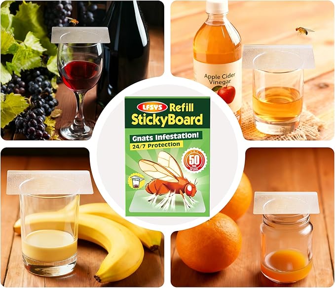 Double-Sided Sticky Trap Covers for Fruit Fly Traps – 25 Pack Adhesive Cards for Fruit Fly – Clear, Mess-Free, Indoor Use