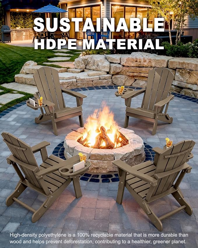 Adirondack Chair Set of 6, HDPE Folding Adirondack Chair with Multifunctional Cup Holder, Weather Resistant Fire Pit Chair for porches, patios, poolsides, Decks.
