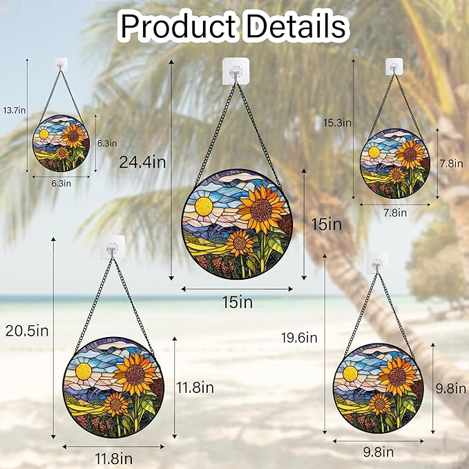 AMDERVEN Stained Glass Suncatcher, Sunflower Flowers Landscape Sun Catcher Plant Mountains Stain Glass Window Hanging Decoration Mother's Day Birthday Gifts for Women Men Mom Nana 15 in