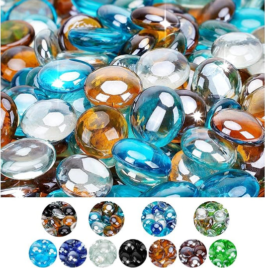 Mr. Fireglass 10 Pound Blended Fire Glass Beads, 1/2" High Luster Mixed Colored Fire Glass Drops for Fireplace Fire Pit & Lanscaping, Caribbean Blue, Crystal Ice, Caramel