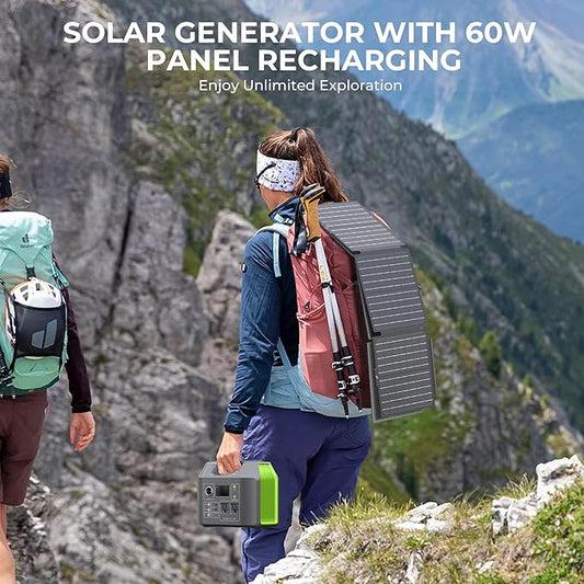 Portable Solar Generator, 300W Portable Power Station with Foldable 60W Solar Panel, 110V Pure Sine Wave 296Wh Lithium Battery Pack for Home Use RV Van Outdoor Camping, Foldable Panel included