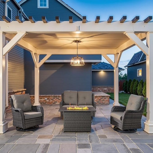 Belord 4 Piece Patio Furniture Set with Fire Pit Table - 41inch 50000 BTU Propane Fire Pit Table with High Back Loveseat Glider Chair and 2 Swivel Rocker Chair for Casual Gathering