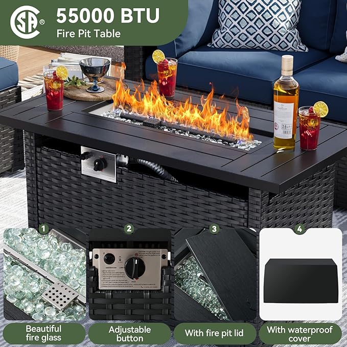 Aoxun 8 Piece Patio Furniture Set with 44” Fire Pit Table Wicker Rattan Patio Sectional Sofa Set Outdoor Seating Furniture with Thickened Cushion, Navy Blue