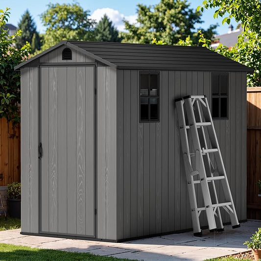 Greesum 4x8FT Plastic Outdoor Storage Shed with Floor, Resin Storaged Sheds with Lockable Door, Window & Vent, All-Weather Tool Sheds for Garden, Backyard, Patio, Dark Gray (One-Piece Panel)