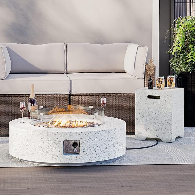 HOMPUS Outdoor Round Propane Fire Pit Table, 41''x12'' Fire Table w Wind Guard & 20lb Tank Cover Table, 50000 BTU Fire Pit w Free Waterproof Cover & Fire Stone for Patio, Garden, Colorful Terrazzo