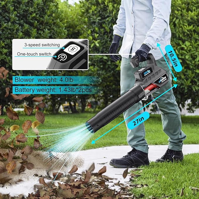 Leaf Blower Cordless with Battery and Charger: 2 Batteries 20V 4.0Ah Brushless Motor, Handheld Electric Leaf Blowers, Battery Powered Blowers for Lawn Care, Yard Leaves Cleaning, (Grey)