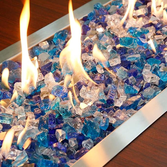Fire Glass for Fire Pit - 1/2 Inch 10 Pounds High Luster Reflective Tempered Glass Rocks for Natural or Propane Fireplace, Safe for Outdoors and Indoors Bahama Blend Fire Pit Glass