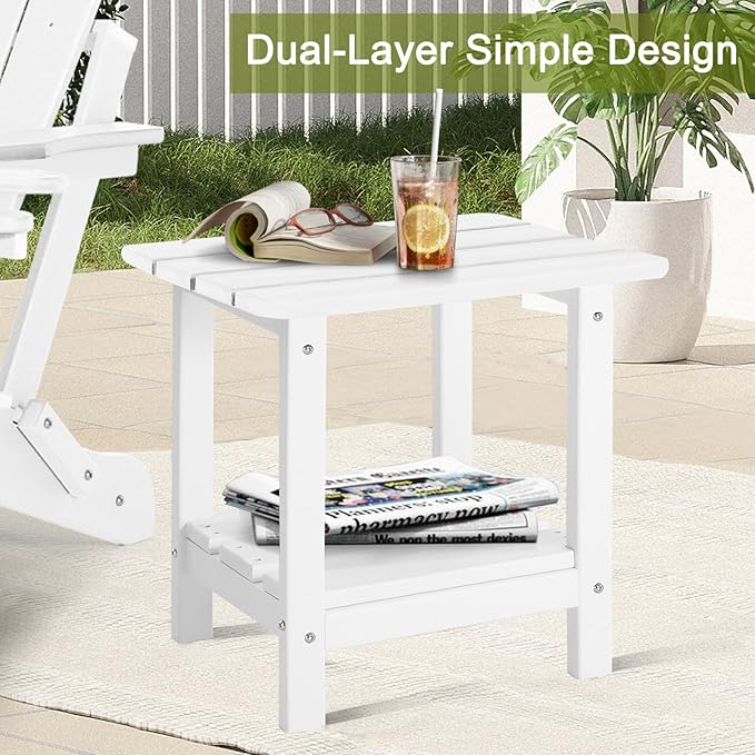 Adirondack Outdoor Side Table, 2-Tier Small Patio End Table, Weather Resistant HDPE Outdoor End Tables for Garden, Lawn, Pool, Beach, Porch, Deck, Backyard - Square, White